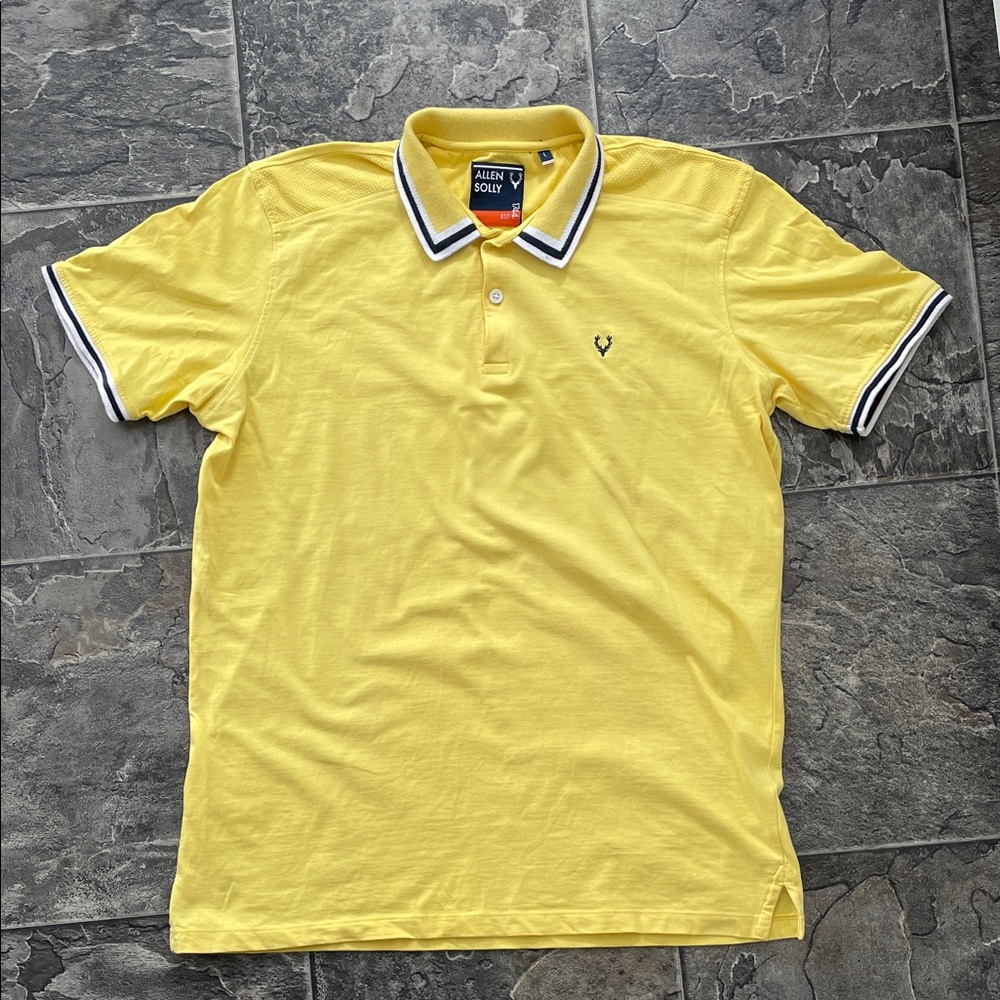ALLEN SOLLY Men’s Yellow Preppy Resortwear Polo with Contrast Navy-White Trim